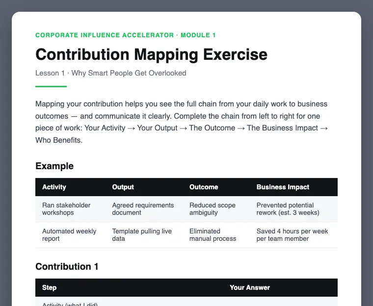 Contribution Mapping Exercise preview, from Module 1