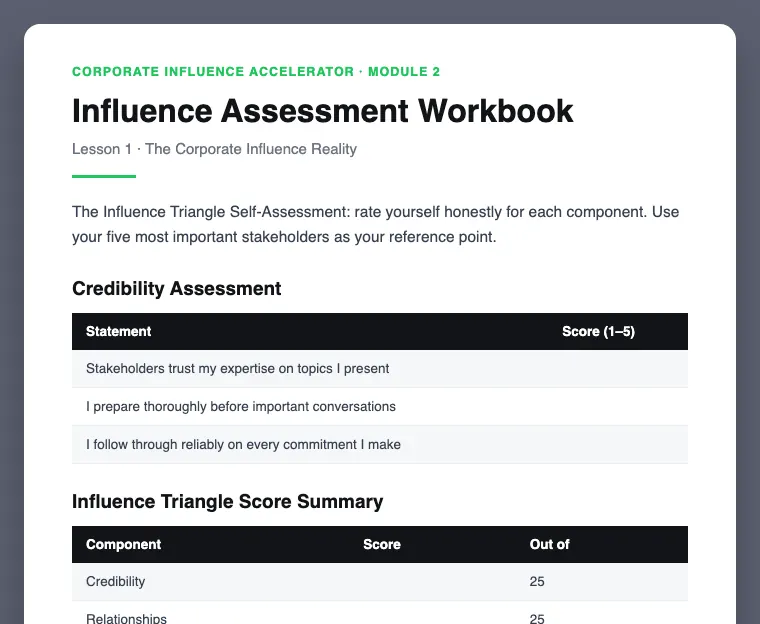 Influence Assessment Workbook preview, from Module 2