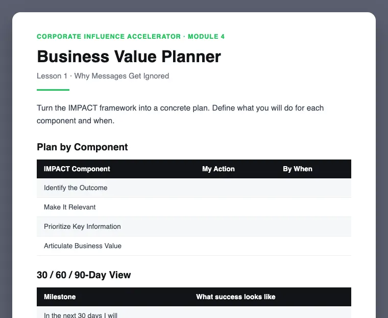Business Value Planner preview, from Module 4