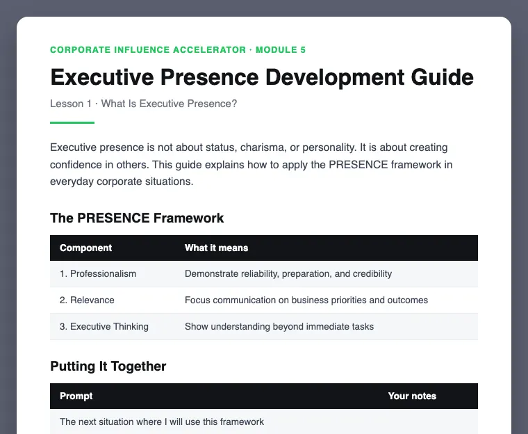 Executive Presence Development Guide preview, from Module 5