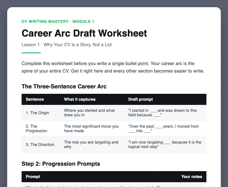 Career Arc Draft Worksheet preview, from Module 1
