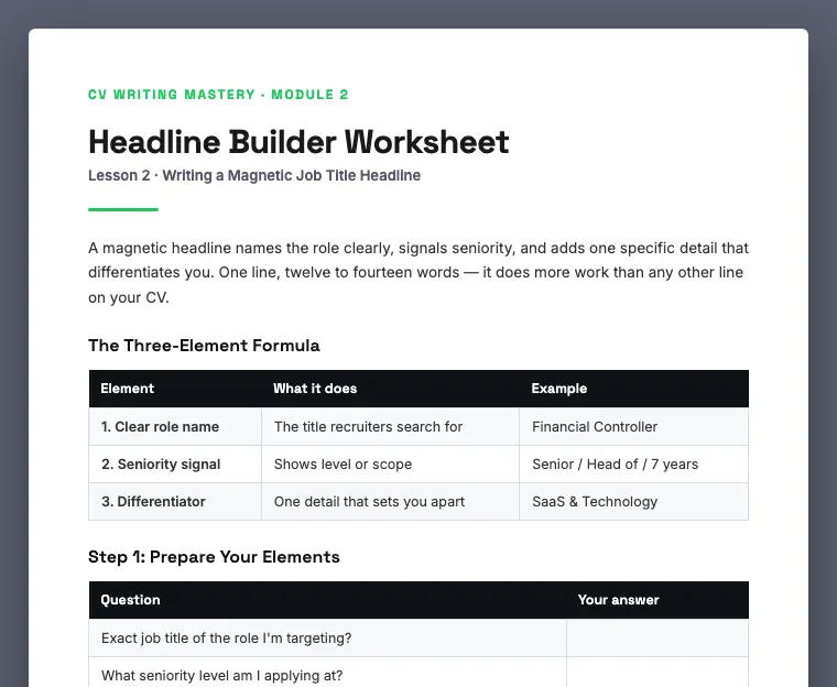 Headline Builder Worksheet preview, from Module 2