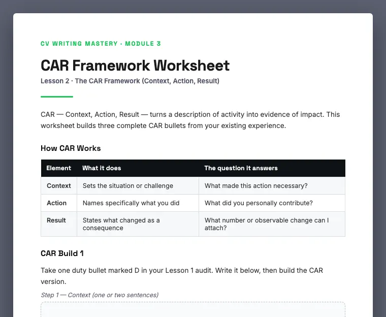 CAR Framework Worksheet preview, from Module 3