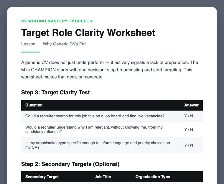 Target Role Clarity Worksheet preview, from Module 4