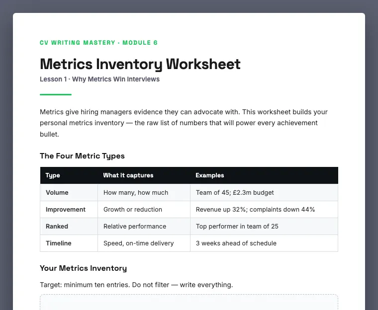 Metrics Inventory Worksheet preview, from Module 6